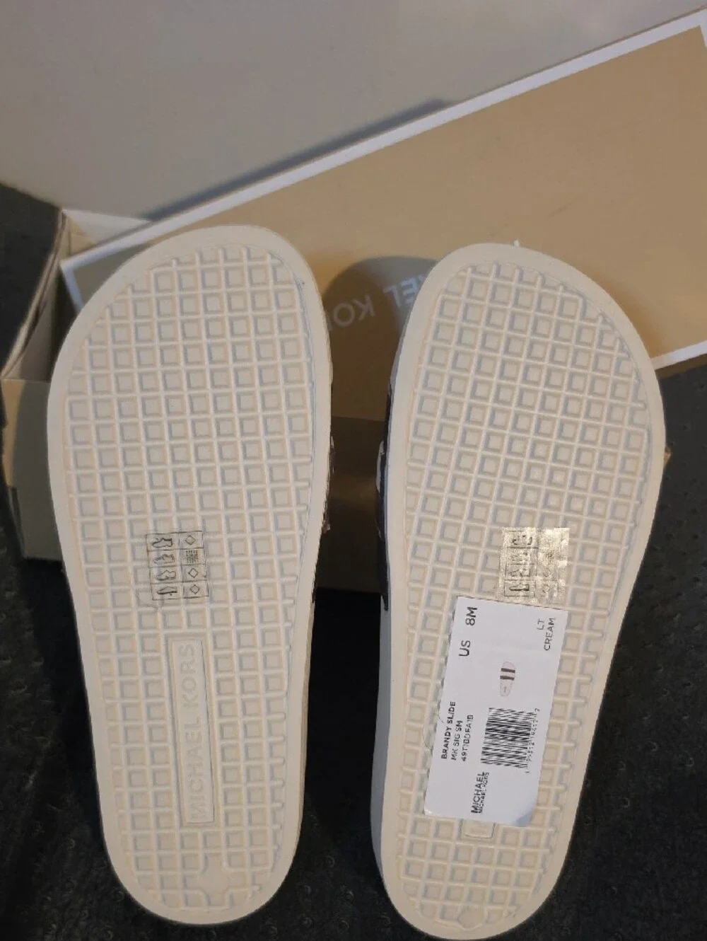 Michael Kors Brown, White and Gold Logo-Trim Slide Sandals